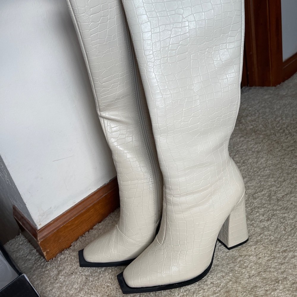 White croc knee high boots